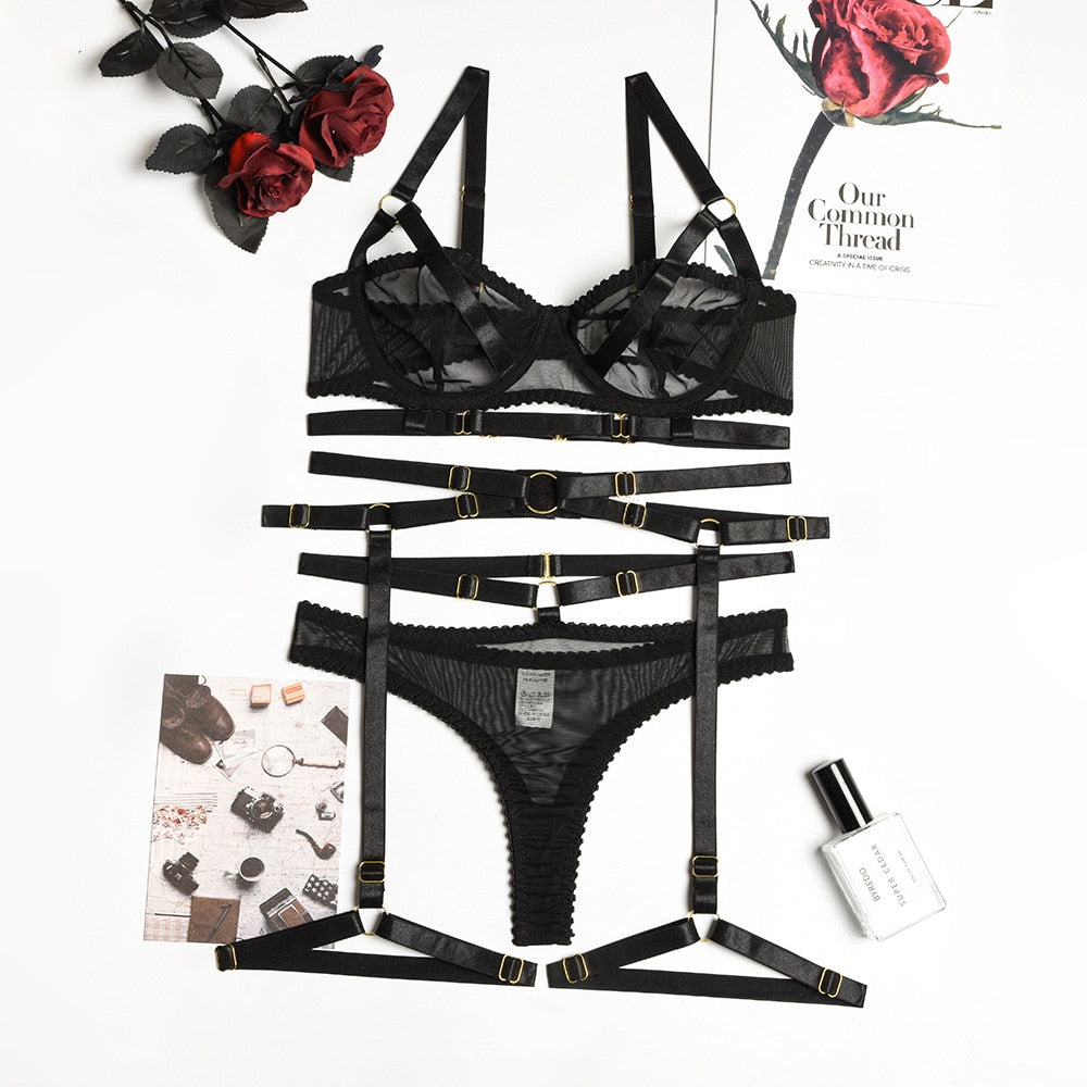 Ellolace Sensual Lingerie Transparent Bra Bandage Exotic Costumes Sexy Porn Outfits 4-Piece Garters Sissy See Through Underwear