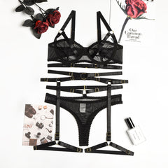 Ellolace Sensual Lingerie Transparent Bra Bandage Exotic Costumes Sexy Porn Outfits 4-Piece Garters Sissy See Through Underwear