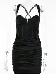 Mozision Fashion Satin Corset Ruched Mini Dress Women Sleeveless Party Night Club Dresses Summer Gown Sexy Backless Dress