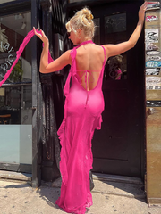 Articat See Through Sling Maxi Dress Trimmed Agaric Lace Women Sexy V-Neck Asymmetrical Beach Holiday Dress 2023 New Vestido