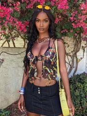 Kliou Sexy Floral Beach Two Piece Set Women Summer Spaghetti Strap Middle Slit Cleavage Charming Tops+Hot Lace Up Bandage Bottom