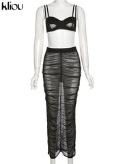Kliou Mesh Two Piece Set Women Summer Sexy Wrapped Camisole+Bodycon See Through Pleated Skirt Maching Dress Suit Girl Clubwear