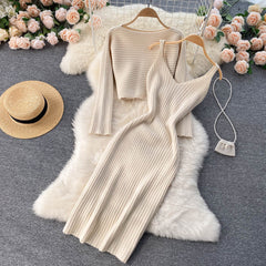 Elegant Slim Two Piece Sets Sweater Dress High Waist Knitted Ensemble Long Dress