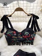 SINGREINY Embroidery Chinese Women Summer Set 2022 Zipper 2 Piece Sets Tassel Retro Sexy Slim Vacation Beach Two Piece Sets