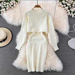 Elegant Slim Two Piece Sets Sweater Dress High Waist Knitted Ensemble Long Dress