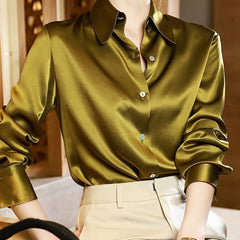 Silk Office Ladies Elegant Shirt Blouse Button Up Satin Shirt Vintage Long Sleeve Shirt
