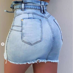 High Waist High Elastic Lace Up Denim Skirt Women Summer Single Breast Worn Blue Mini Skirts Sexy Package Hip Tassel Jeans Skirt