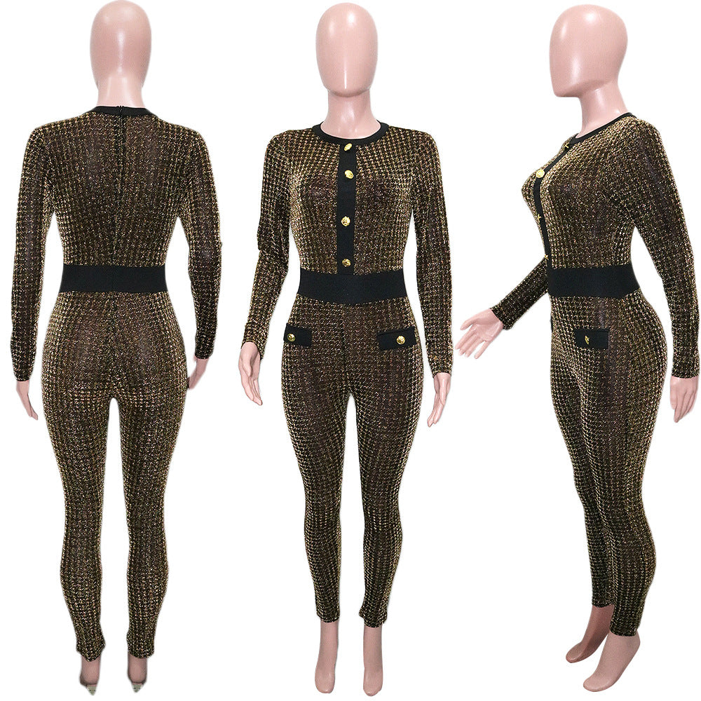 Gold Jacquard Houndstooth Long Sleeve Bodycon Jumpsuit