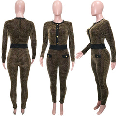 Gold Jacquard Houndstooth Long Sleeve Bodycon Jumpsuit