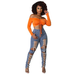 Fashion Sexy Women Summer Pants Female Streetwear Jeans Hollow Out Bottoms Eyelet Lace Up Trousers Women Denim Pants