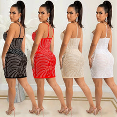 Sparkly Crystal Rhinestone Bodycon Dress for Women Night Club Party Dresses Birthday Vestido See Through Mesh Ladies Sexy Dress