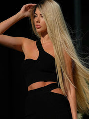 Women Two Piece Set Knitted Pink Outfits One Shoulder Cut Out Bustier Crop Top+High Waist Irregular Split Midi Skirt 2022 Spring