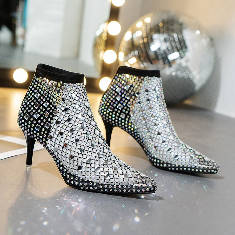 Fashion Crystal Transparent PVC Mesh Upper Ankle Boots for Women Pointed Toe High Heels Shoes Woman Zapatos De Mujer