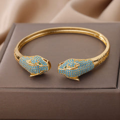 Blue Crystal Cuff Bracelet Double Leopard Design Bracelet