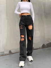 HEYounGIRL Hole Ripped Black Woman Distressed Jeans Casual Hip Hop High Waist Pants Capris Pocket Straight Denim Trousers Ladies