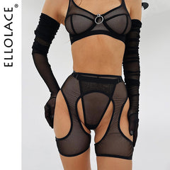 Ellolace Erotic Open Crotchless Sexy Lingerie Bra Sets For Women Garter Belt 3-Piece Delicate Underwear Seamless Exotic Outfits
