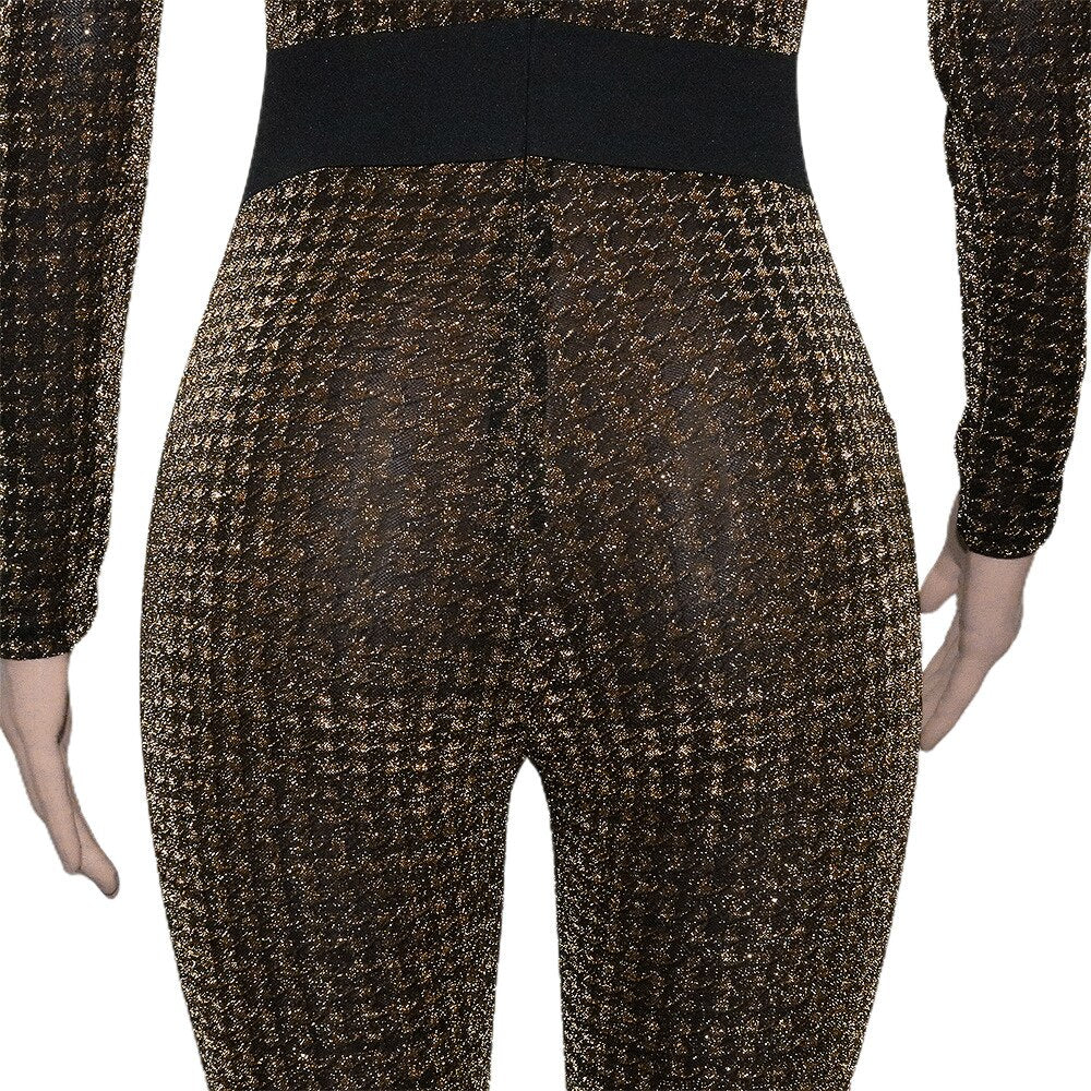 Gold Jacquard Houndstooth Long Sleeve Bodycon Jumpsuit