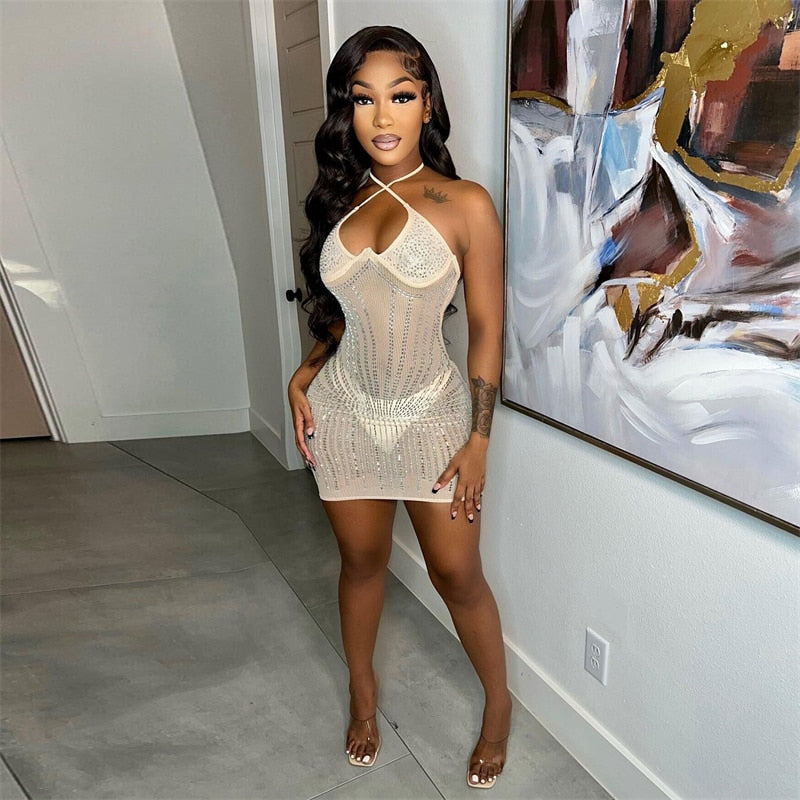Rhinestone Diamonds Sheer Mesh Lace Up Mini Dress