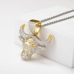 Men Hip Hop Fashion Full Rhinestone Bull Head Pendant Necklace Sparkling Ice Out Gold Plated Metal Necklace