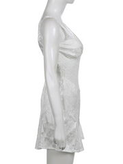 Articat Satin Lace Sheer White Slim A-line Tank Mini Dress Women Sexy V-Neck Printing Silk Suspender Dress 2023 Spring New OOTD