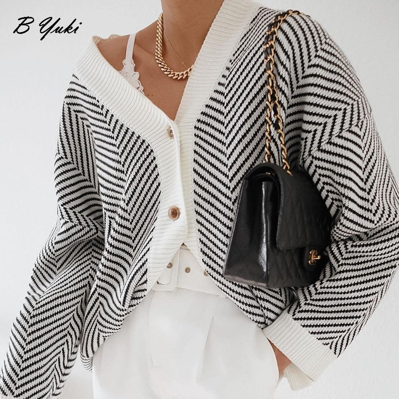 Blessyuki Oversized Loose Soft Knitted Cardigan Sweater Women Vintage Striped V-neck Long Sleeve Sweaters Female Korean Chic top Main image