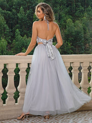 Yissang Tie Backless Sequin Halter Top &amp; Mesh Skirt