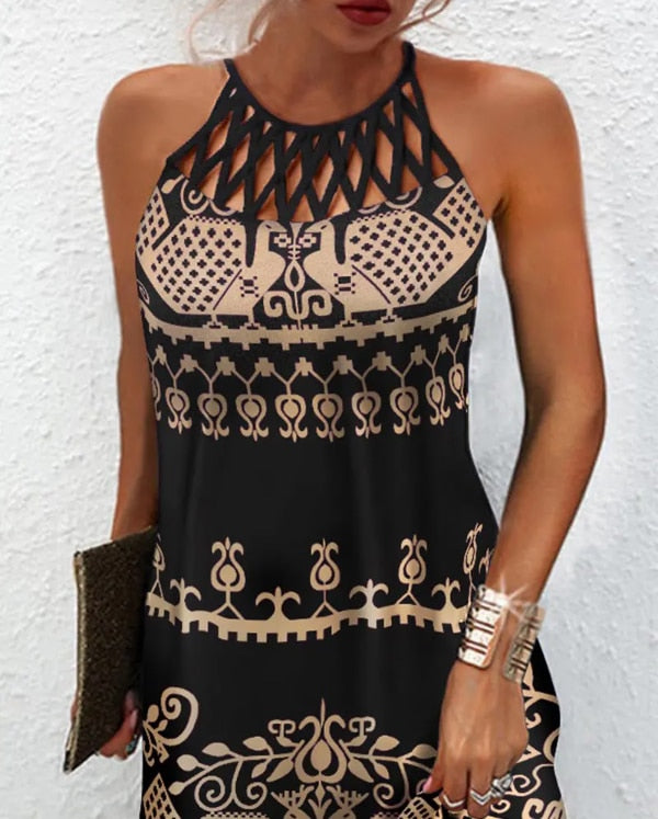 Vintage Tribal Print Dress women summer 2022 new fashion sexy Hollow Out Sleeveless Casual mini dresses