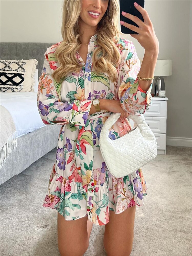 Woman Sweet Pink Floral Shirt Short Dress 2022 Spring Chic Female High Waisted Lacing Dresses Ladies Sashes Print Mini Dress