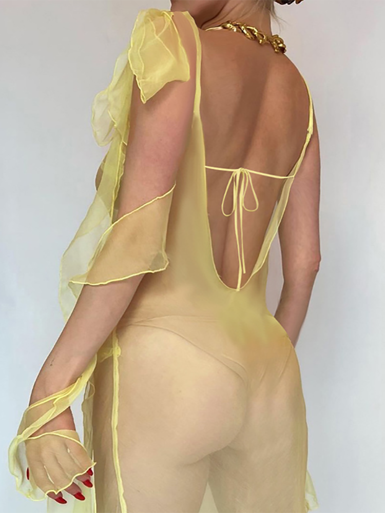 Articat See Through Sling Maxi Dress Trimmed Agaric Lace Women Sexy V-Neck Asymmetrical Beach Holiday Dress 2023 New Vestido