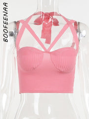 BOOFEENAA Sexy Cross Halter Tank Tops for Women 2022 Summer Pink Knitted Backless Tight Fitted Crop Top Clubwear C68-CZ10