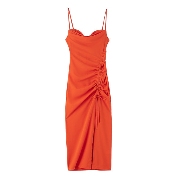 Dresses For Women Party Cowl Neck Sleeveless Spaghetti Strap Summer Midi Dress Ruched Drawstring Front Slit Sexy Bodycon Dress
