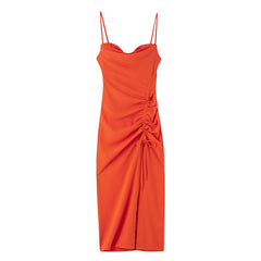 Dresses For Women Party Cowl Neck Sleeveless Spaghetti Strap Summer Midi Dress Ruched Drawstring Front Slit Sexy Bodycon Dress
