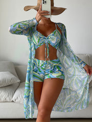 Tropical High Waist Bikini Three Pieces - Long Sleeve Cover Up Swimsuit Bathing Suit