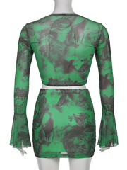 Articat Mesh Tie-dye Hollow Out O-neck Top Wrap Short Skirt 2 Pieces Set Women Printing Petal Long Sleeve Skirt Suit Streetwear