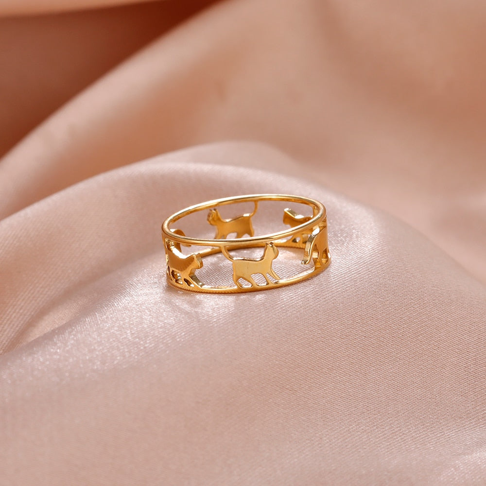 Cazador Hollow Walking Cats Women's Ring Birthday Mother Day Gift Stainless Steel Animal Cute Kitten Finger Rings Jewelry 2023