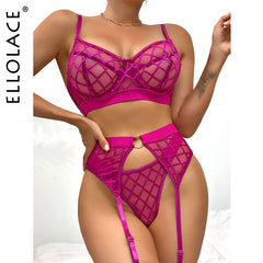 Ellolace Sexy Erotic Lingerie Plaid Underwear Brief Sets Rhomboids Lace Bra and Panty Garters Black Transparent Langerie