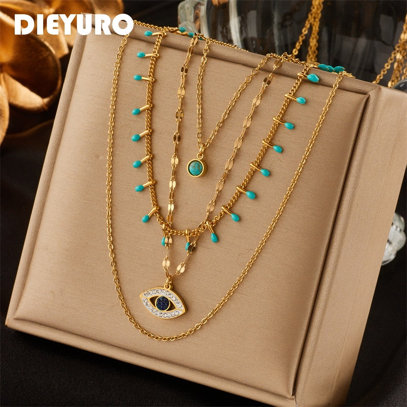 DIEYURO 316L Stainless Steel Jewelry Multilayer Green Stone Eye Necklaces For Women Vintage Chokers Party Gift Accessories Main image