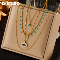 DIEYURO 316L Stainless Steel Jewelry Multilayer Green Stone Eye Necklaces For Women Vintage Chokers Party Gift Accessories