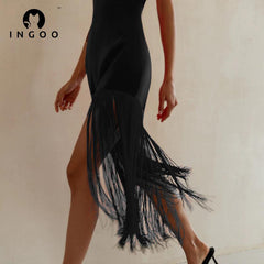 INGOO Black Fringe Sexy Tube Dress Bodycon