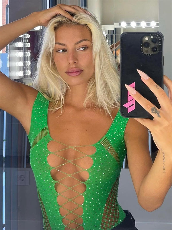 Celina Rhinestone Mesh Bodysuit One-piece