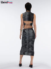 Weird Puss Y2K Fashion Women Two Piece Set Bandage Backless Skinny Tank Top+Mid Skirts Summer Matching Streetwear Stretch Outfit