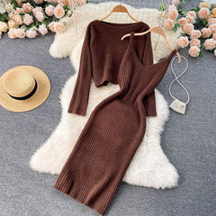 Elegant Slim Two Piece Sets Sweater Dress High Waist Knitted Ensemble Long Dress