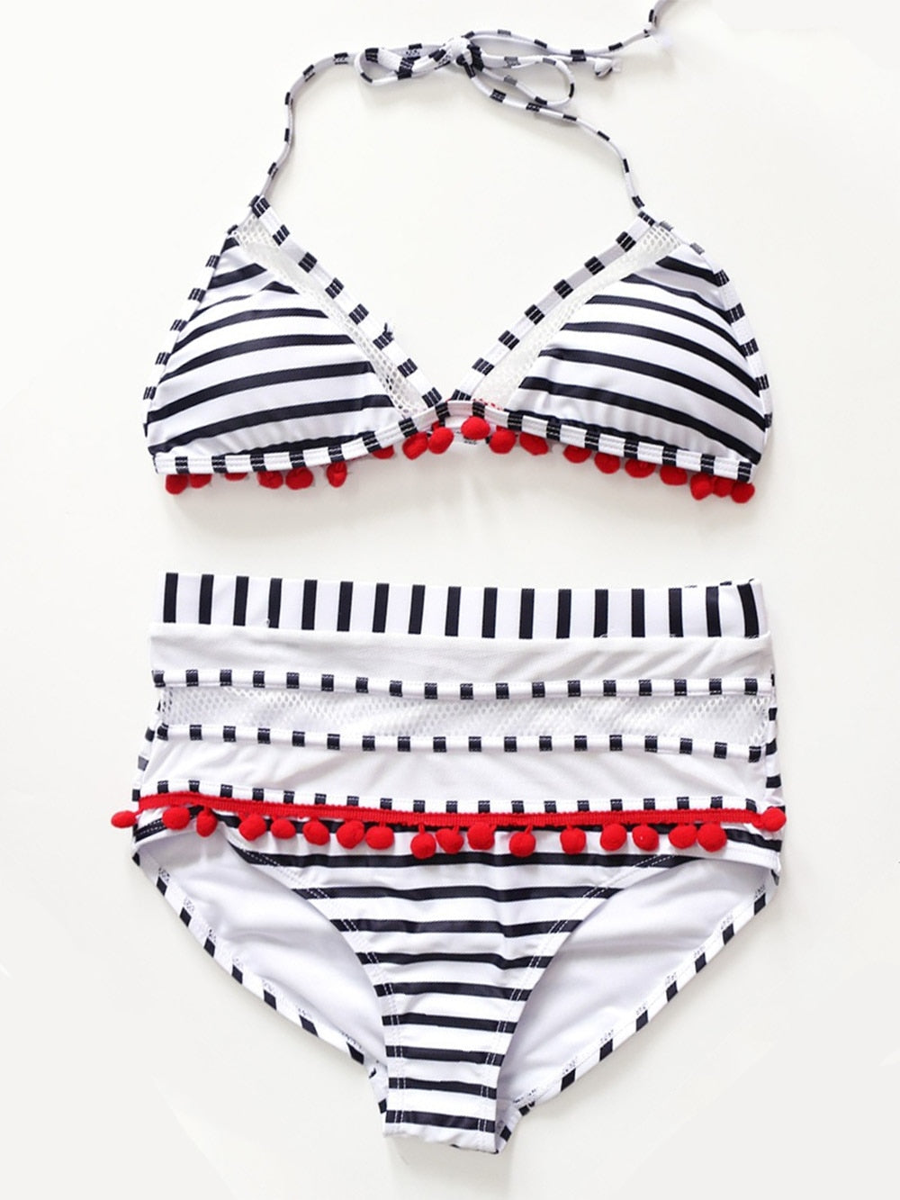 2022 Sexy Halter Retro Mesh Hollow Out String Biquini Bath Suit Swimsuit High Waist Pompones Pom Swimwear Women Triangle Bikini