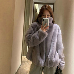 Women&#39;s Winter Jacket Fashion Solid Color Faux Fur Coat Korean Version Loose Simplicity Stand-up Collar Women&#39;s Clothing Coat
