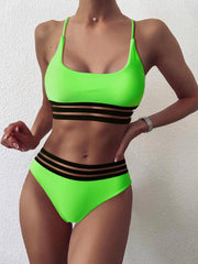 Webbing Patchwork Padded Bra High Waist Swimsuit