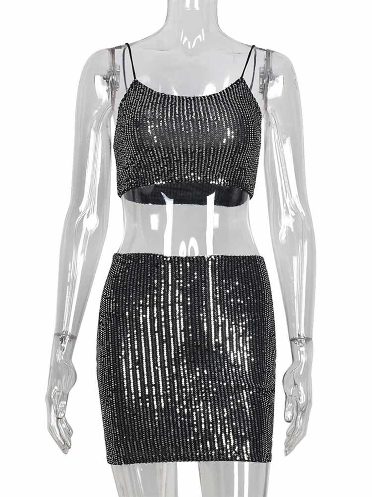 Skirt Two Piece Sets Womens Outifits Crop Top Black Mini Skirts Y2K Glitter Sequin Party Club Sexy Festival Clothing Female Suit
