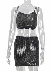 Skirt Two Piece Sets Womens Outifits Crop Top Black Mini Skirts Y2K Glitter Sequin Party Club Sexy Festival Clothing Female Suit