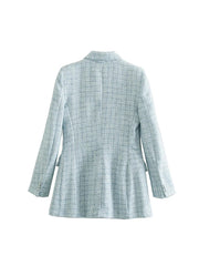 Stylish Chic Blue Tweed Jacket Women 2021 Fashion Turn-down Collar Double Breasted Pockets Coat Female Casual Outerwear