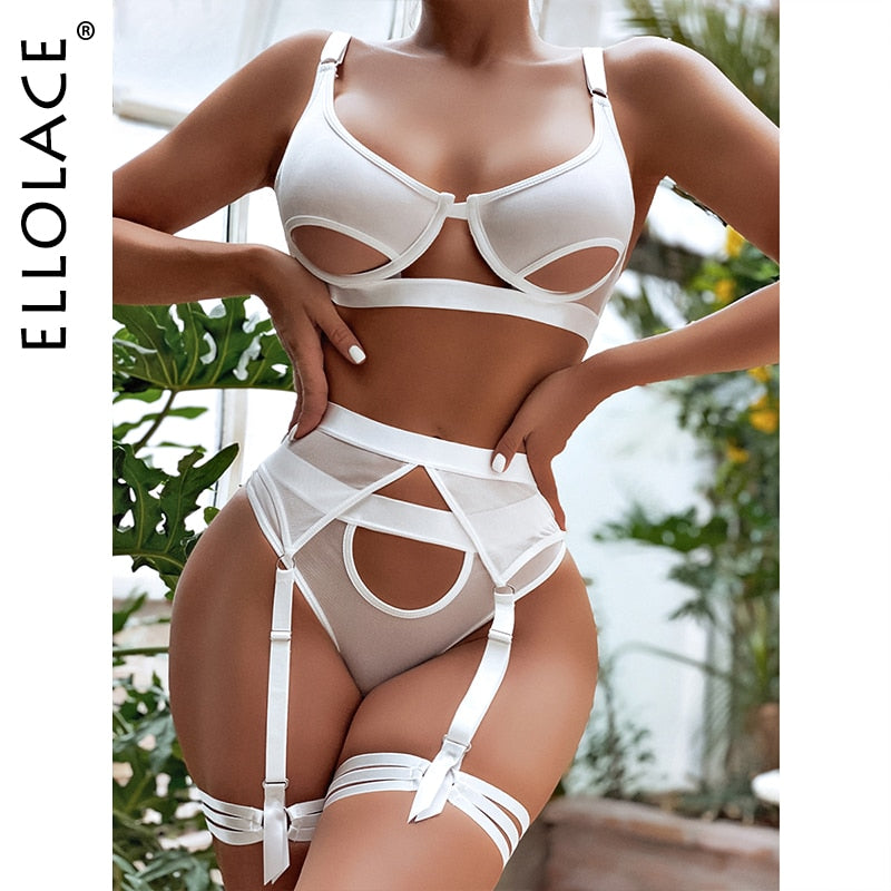 Ellolace Hollow Out Erotic Lingerie Apparel Underwear Set Solid Sexy Costume Bra 3 Piece Porn Sissy Intimate Sensual Sex Suit