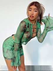 Articat Mesh Tie-dye Hollow Out O-neck Top Wrap Short Skirt 2 Pieces Set Women Printing Petal Long Sleeve Skirt Suit Streetwear